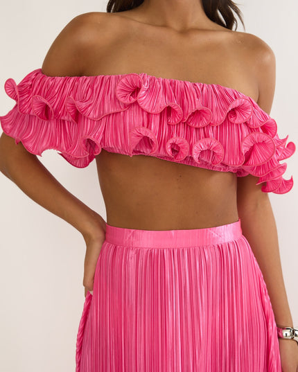 Hot Pink Off-Shoulder Lettuce Edge Crop Top