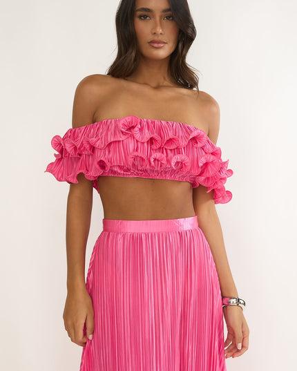 Hot Pink Off-Shoulder Lettuce Edge Crop Top