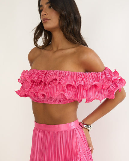 Hot Pink Off-Shoulder Lettuce Edge Crop Top