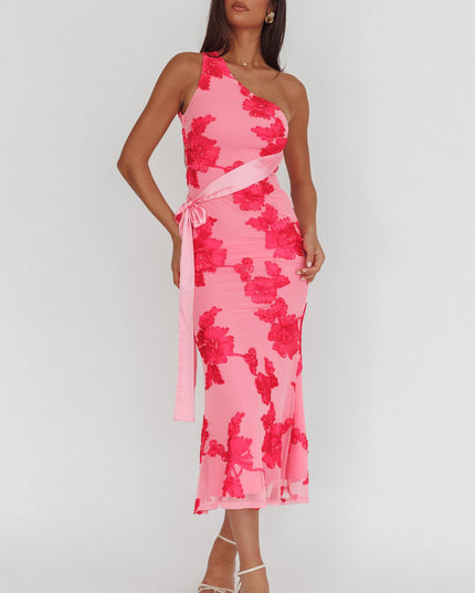 Hot Pink One-Shoulder Sash Maxi Dress