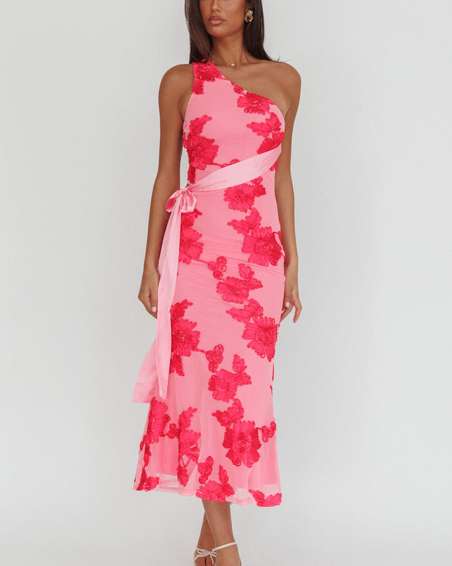 Hot Pink One-Shoulder Sash Maxi Dress