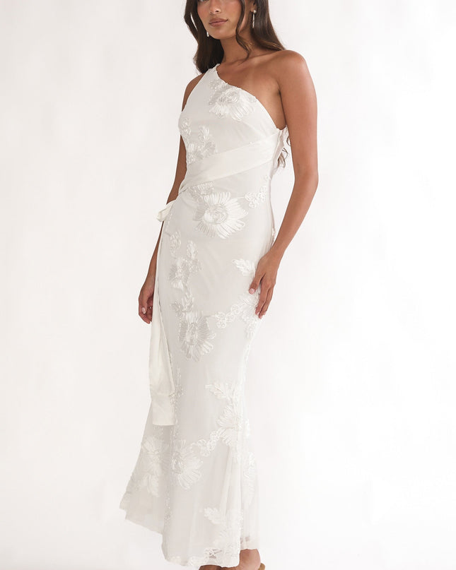 White One-Shoulder Sash Maxi Dress