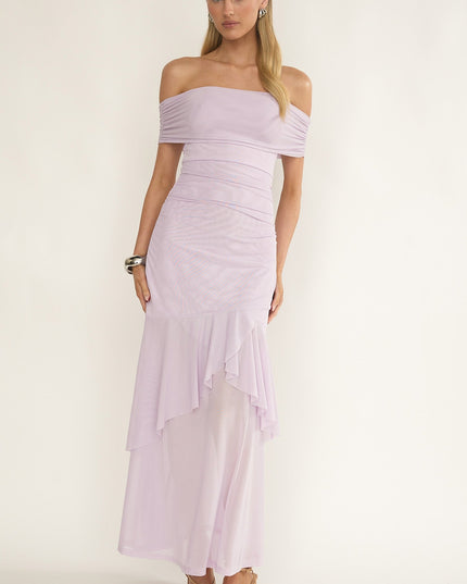 Lilac Off-Shoulder Mesh Maxi Dress