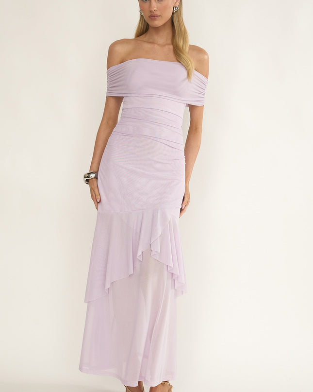 Lilac Off-Shoulder Mesh Maxi Dress