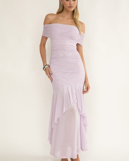 Lilac Off-Shoulder Mesh Maxi Dress