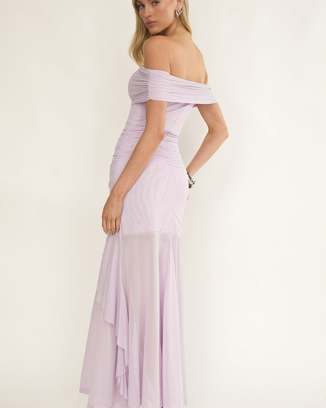 Lilac Off-Shoulder Mesh Maxi Dress