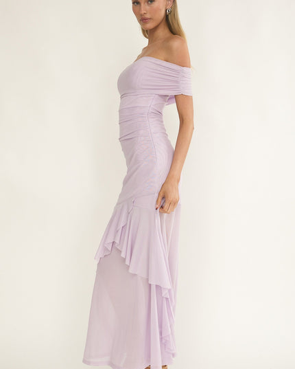 Lilac Off-Shoulder Mesh Maxi Dress