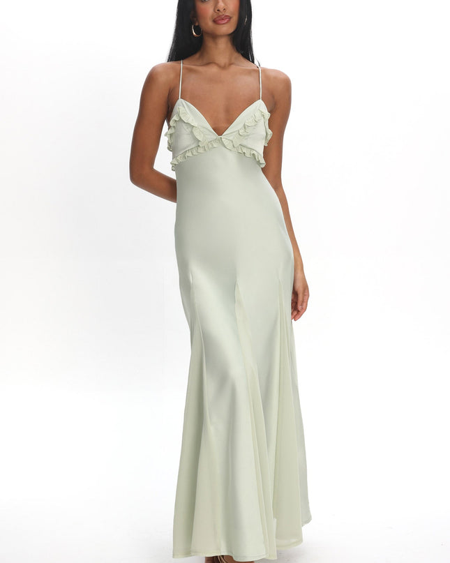 Sage Frill Trim Godet Maxi Dress