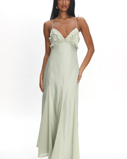 Sage Frill Trim Godet Maxi Dress