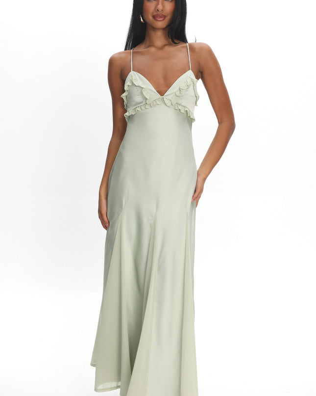 Sage Frill Trim Godet Maxi Dress