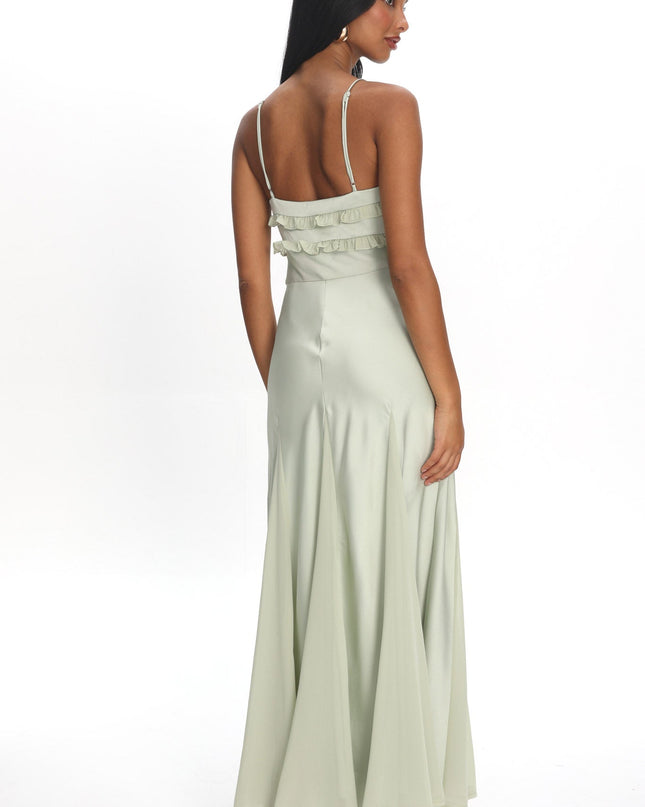 Sage Frill Trim Godet Maxi Dress