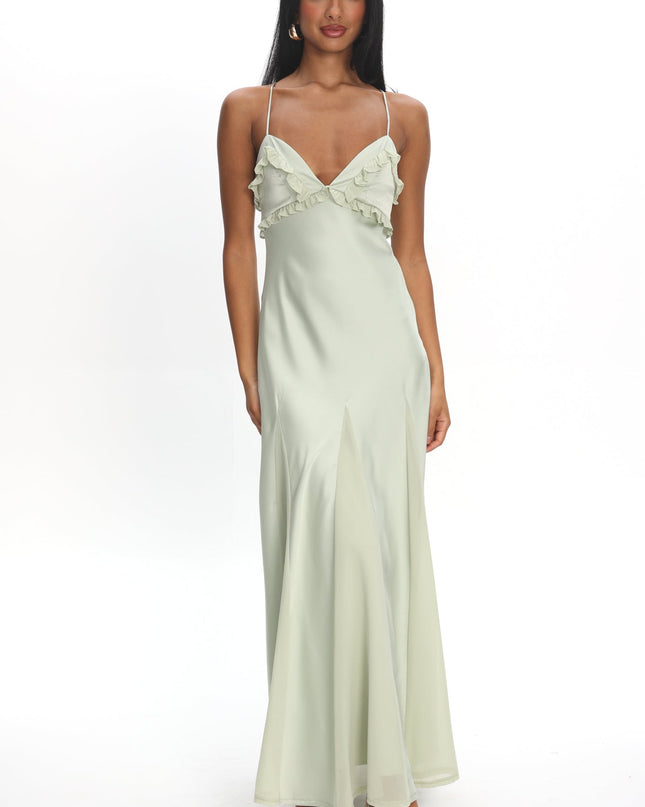 Sage Frill Trim Godet Maxi Dress
