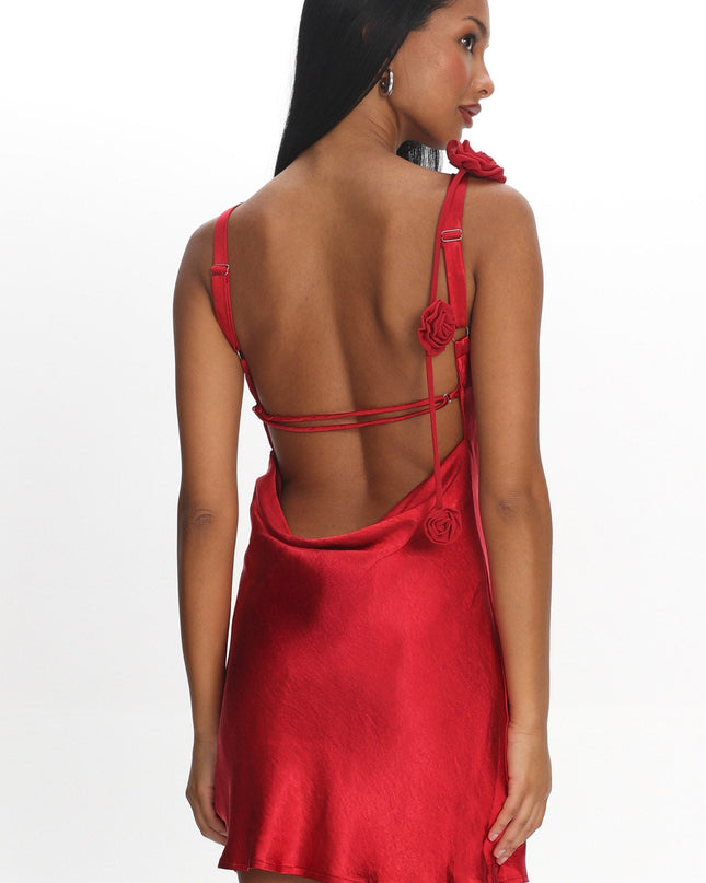Red Backless Rosette String Mini Dress