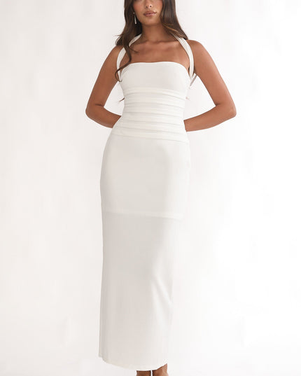 White To Paris Pleat Bodice Halterneck Maxi Dress