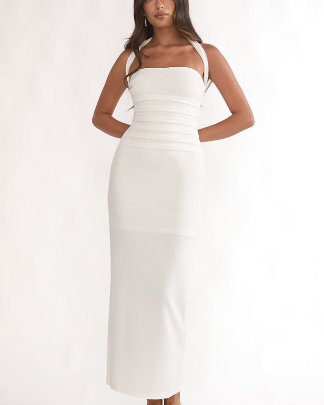 White To Paris Pleat Bodice Halterneck Maxi Dress