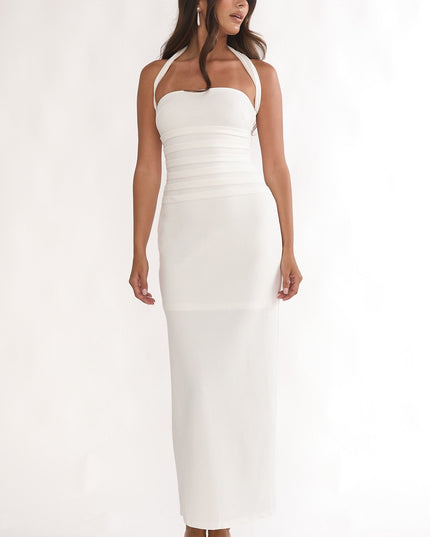 White To Paris Pleat Bodice Halterneck Maxi Dress