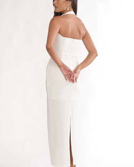 White To Paris Pleat Bodice Halterneck Maxi Dress