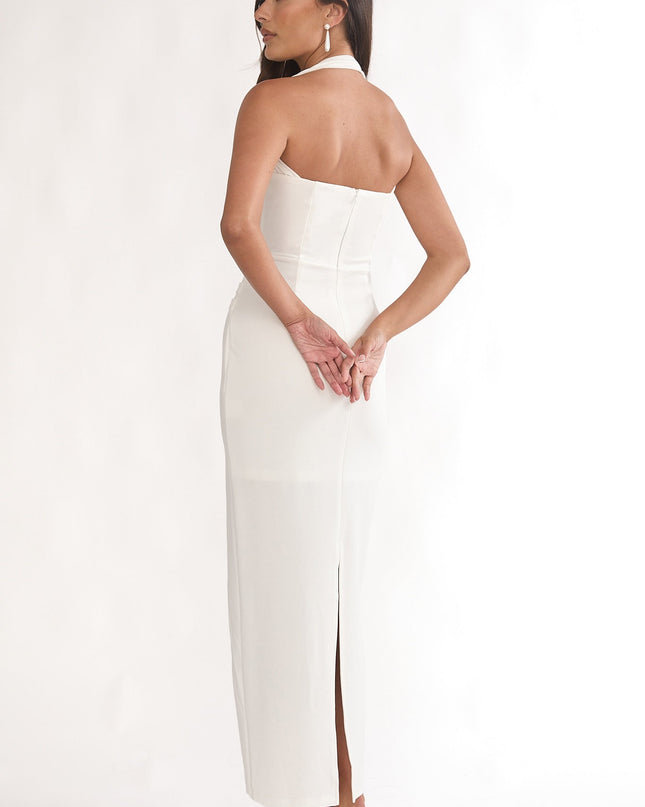 White To Paris Pleat Bodice Halterneck Maxi Dress