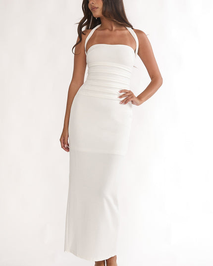 White To Paris Pleat Bodice Halterneck Maxi Dress