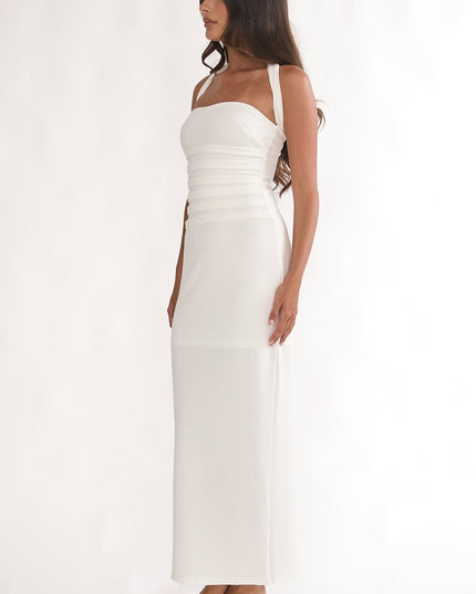 White To Paris Pleat Bodice Halterneck Maxi Dress