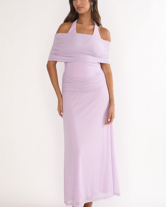Lilac Off-Shoulder Halter Maxi Dress
