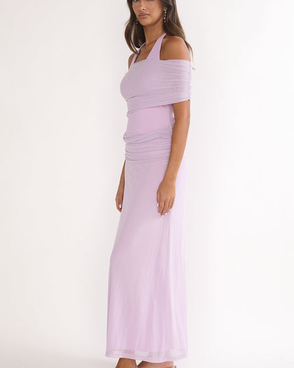 Lilac Off-Shoulder Halter Maxi Dress
