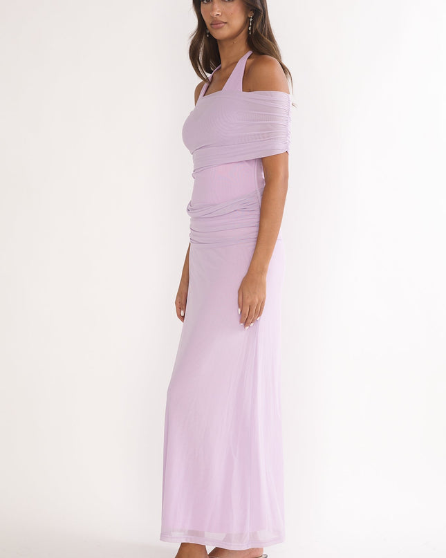 Lilac Off-Shoulder Halter Maxi Dress