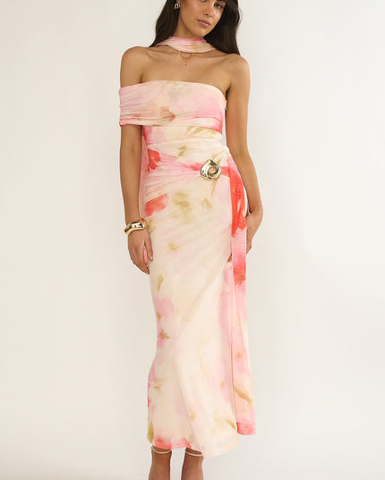 Pink One-Sleeve Maxi Dress Floral
