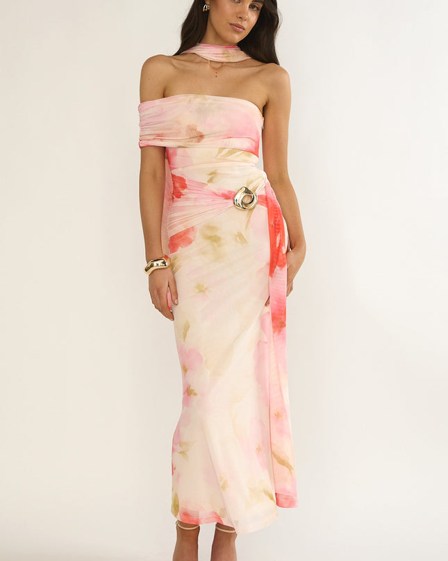 Pink One-Sleeve Maxi Dress Floral