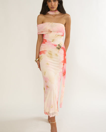 Pink One-Sleeve Maxi Dress Floral