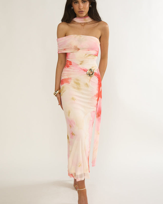 Pink One-Sleeve Maxi Dress Floral