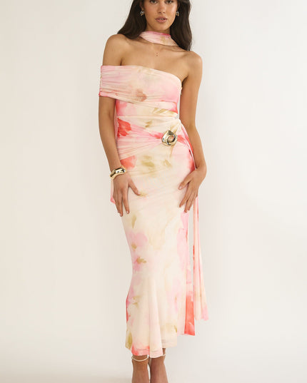 Pink One-Sleeve Maxi Dress Floral