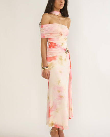 Pink One-Sleeve Maxi Dress Floral