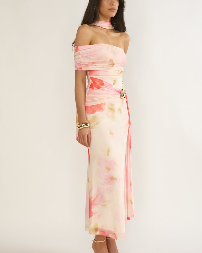Pink One-Sleeve Maxi Dress Floral