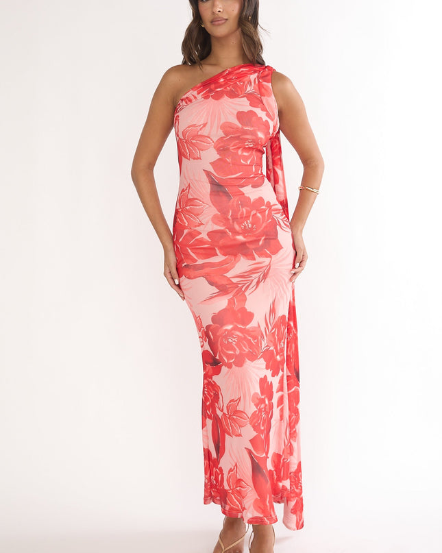 Red Neck Scarf One-Shoulder Maxi Dress Floral
