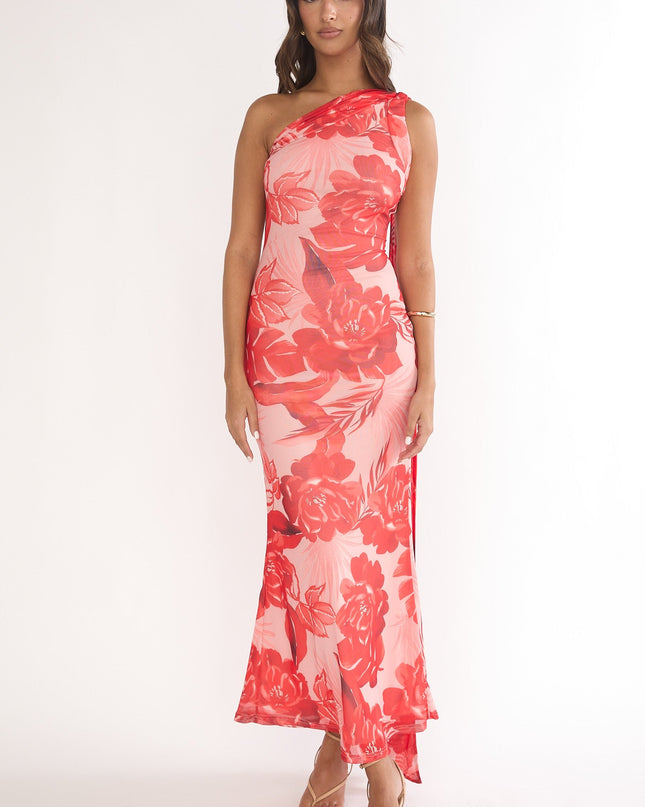 Red Neck Scarf One-Shoulder Maxi Dress Floral