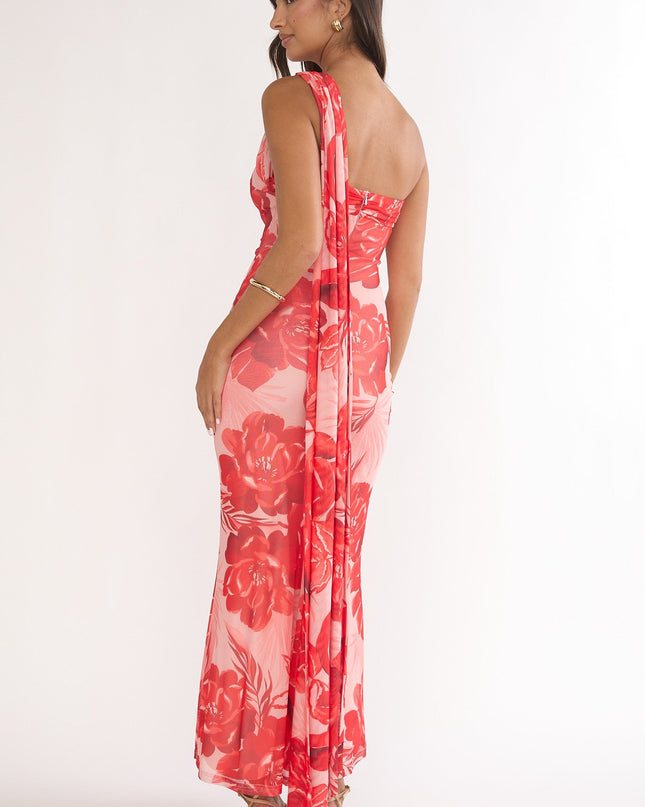 Red Neck Scarf One-Shoulder Maxi Dress Floral