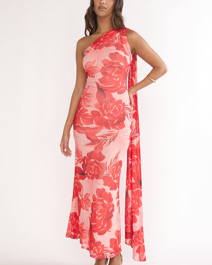 Red Neck Scarf One-Shoulder Maxi Dress Floral
