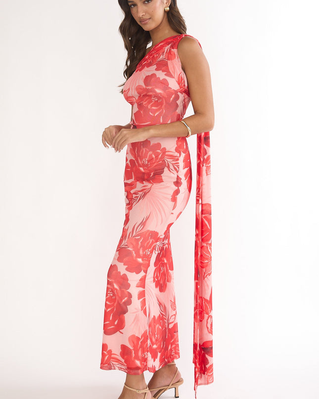 Red Neck Scarf One-Shoulder Maxi Dress Floral