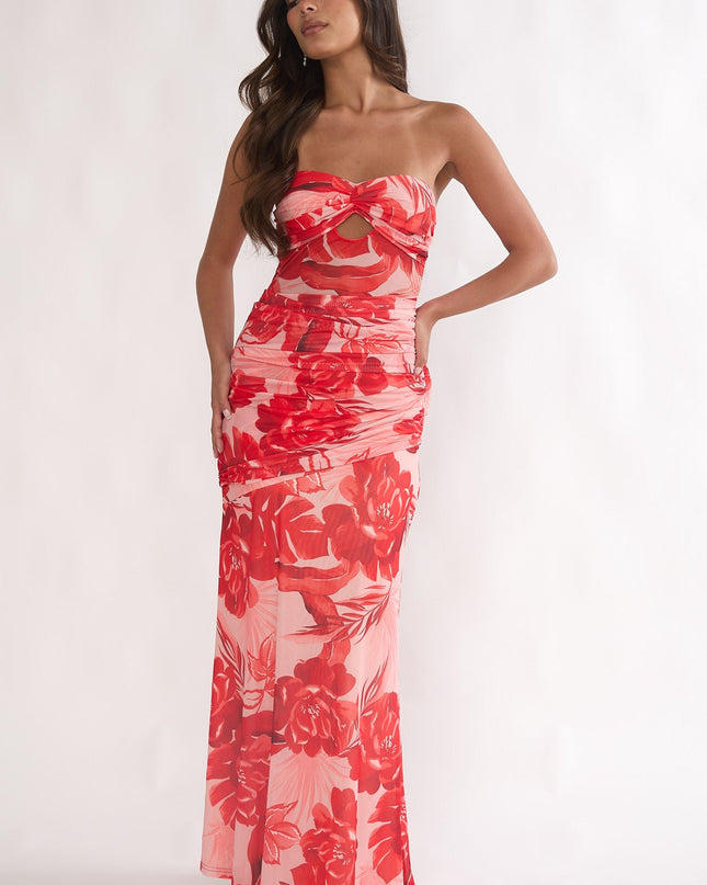 Red Strapless Ruched Maxi Dress Floral