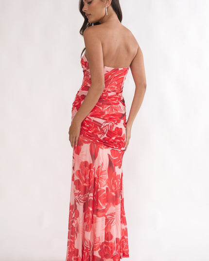 Red Strapless Ruched Maxi Dress Floral
