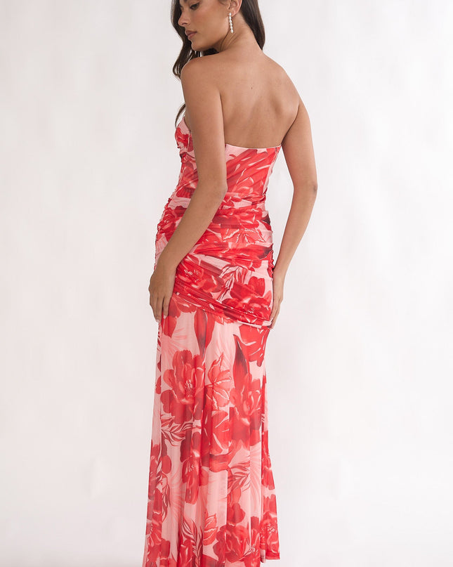 Red Strapless Ruched Maxi Dress Floral