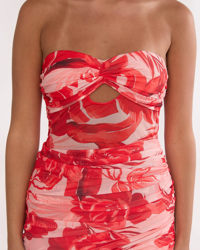 Red Strapless Ruched Maxi Dress Floral