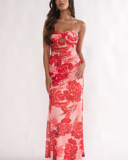 Red Strapless Ruched Maxi Dress Floral