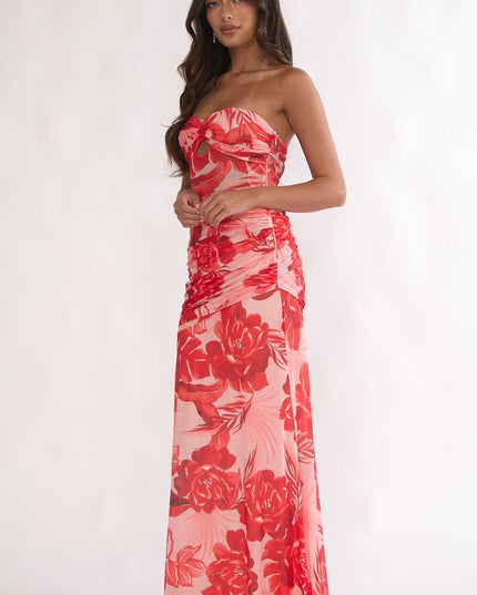 Red Strapless Ruched Maxi Dress Floral