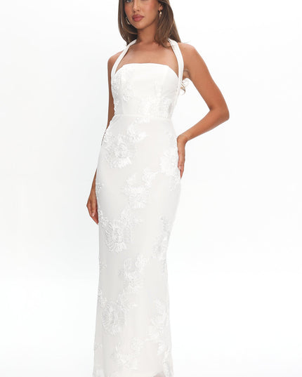 White Halterneck Embellished Maxi Dress