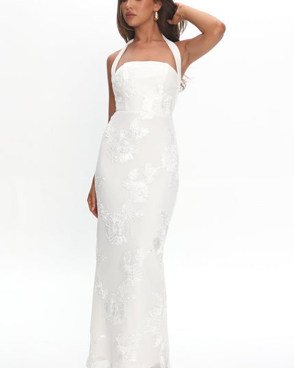 White Halterneck Embellished Maxi Dress