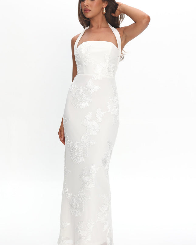 White Halterneck Embellished Maxi Dress