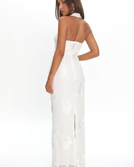 White Halterneck Embellished Maxi Dress