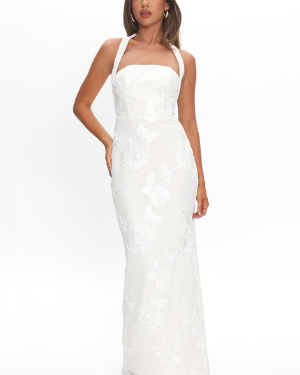 White Halterneck Embellished Maxi Dress